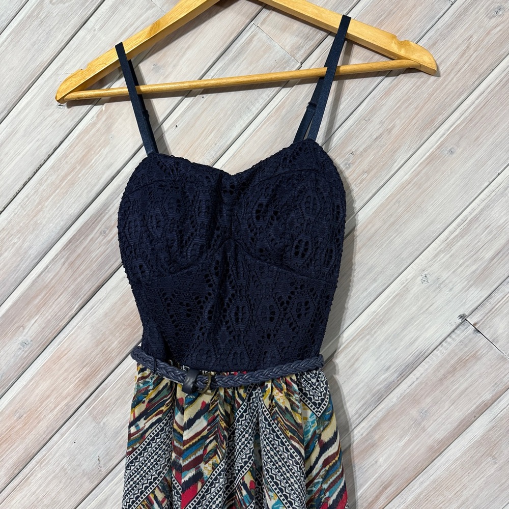 Flowy maxi dress, navy blue lace top, with belt